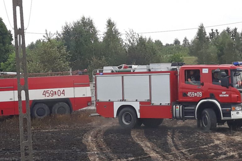 Pojazdy strażackie na miejscu pożaru w Starym Uścimowie